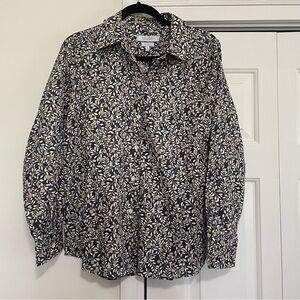 Foxcroft Appleseed's Navy/Gold Button Down Shaped Wrinkle Free Blouse Size 12